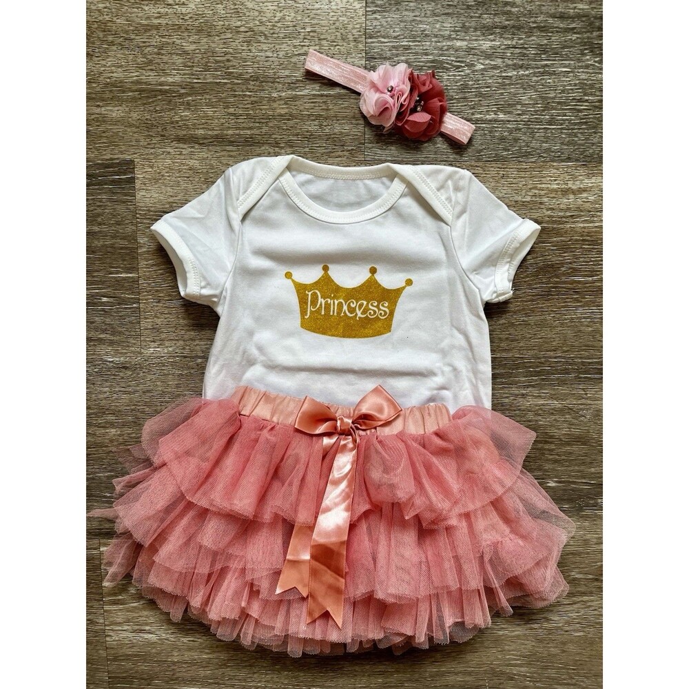 Girls White Pink Princess Bodysuit Skirt Headband Set Tulle Bow Flower 3 Piece